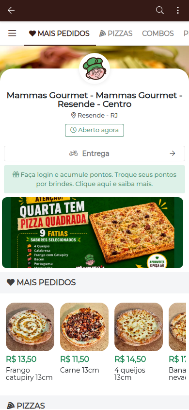 Cardápio do Mammas com banner da Quarta Quadrada